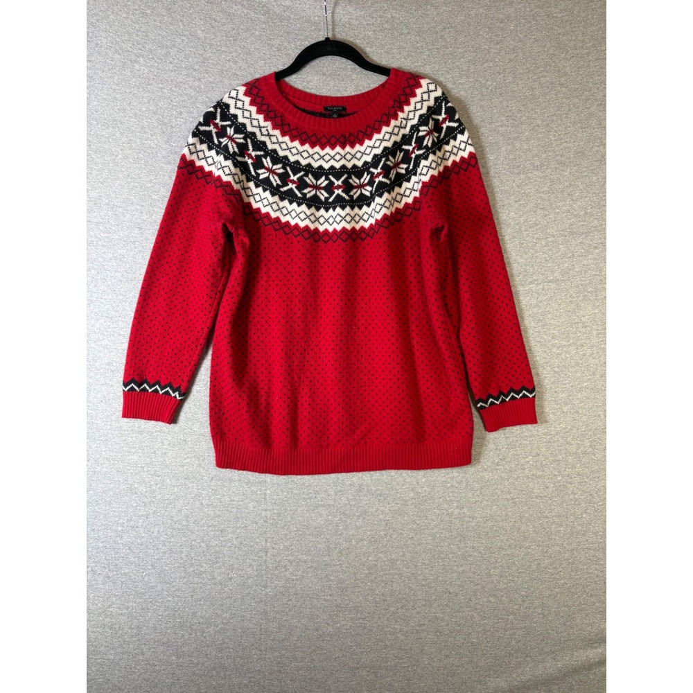 Talbots Plus Womens Red Fair Isle Snowflake Cotton Merino Wool Sweater 1X